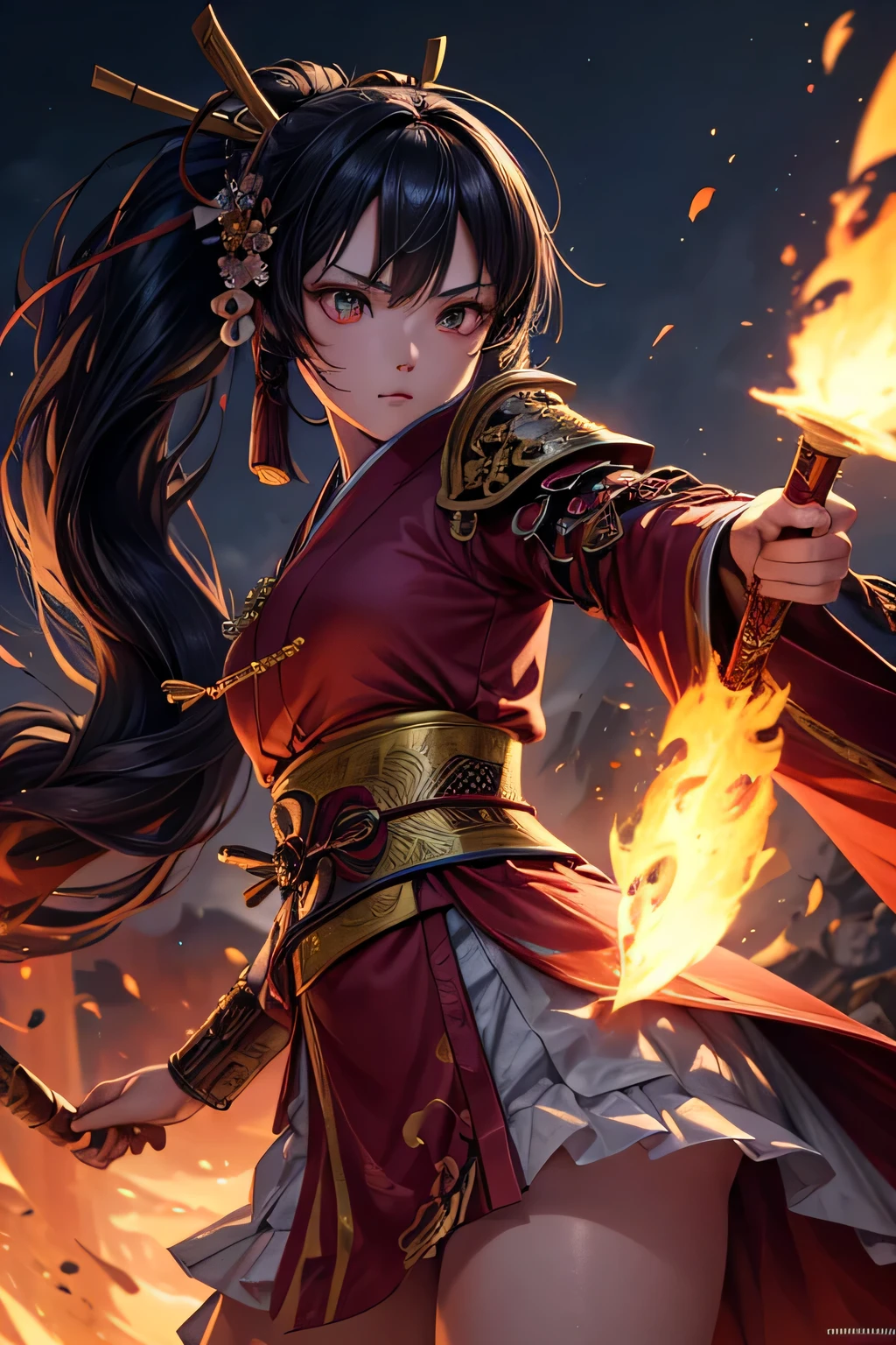Ancient japanese shrine priestess, combat stance, light armor, ready to fight, evil mean look on her face, Cute Girl, Kimono, Long Hair in ponytail, , red Full Moon, Haori, loli, holding a priestess staff, controlling fire, Ghosts and spirits flying around her, nighttime, highly detailed, vibrant appearance, creative behavior, extremly detailed, imaginative, , spontaneous, highest quality, skin texture, intricate details, (cinematic lighting), RAW photo, 8k, masterpiece,best quality,ultra-detailed,very detailed illustrations,extremely detailed,intricate details,highres,super complex details,extremely detailed 8k cg wallpaper,