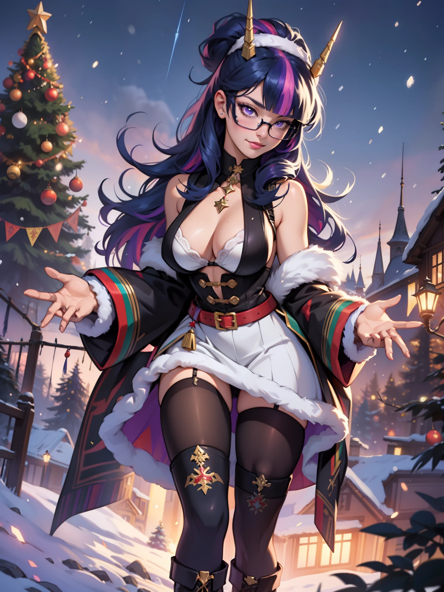 Twilight Sparkle, Twilight Sparkle из мой маленький пони, big breastes, Lush breasts, Volumetric breasts, exuberant hair, hairlong, New Year, Christmas, santa costume, sexy, New Year's Eve Outfit, in full height, New Year's boots, women's boots, Lots of purple, Runes and magic, a lot of Christmas lights, fireworks, super quality, Very detailed, snowing, Christmas tree, Garland