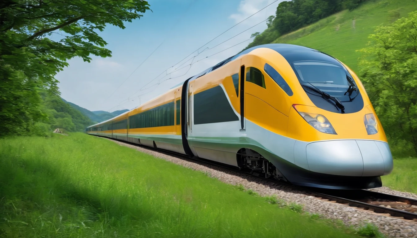 a serene shot of the high-speed train gliding through a scenic countryside, with lush greenery and clear blue skies as the backdrop. The shot should represent the harmonious coexistence of nature and technology in the future