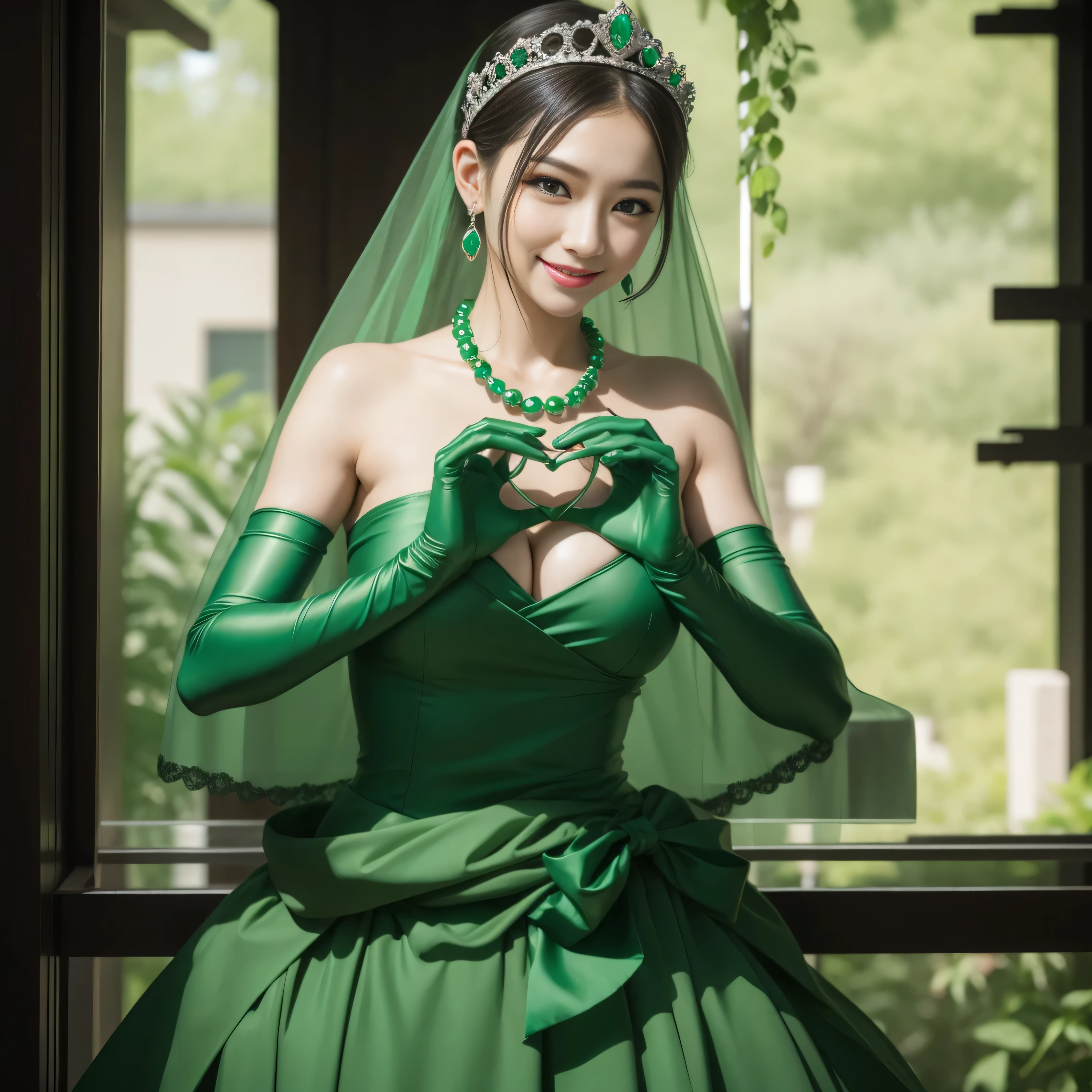 emerald tiara, Green Pearl Necklace, Boyish very short green hair, lipsticks, Japan woman smiling, very short short hair, beautiful, Green eyes, Long green gloves made of satin material, Green eyes, Emerald Earrings, green vale, 両Heart in the hand, Heart in the hand