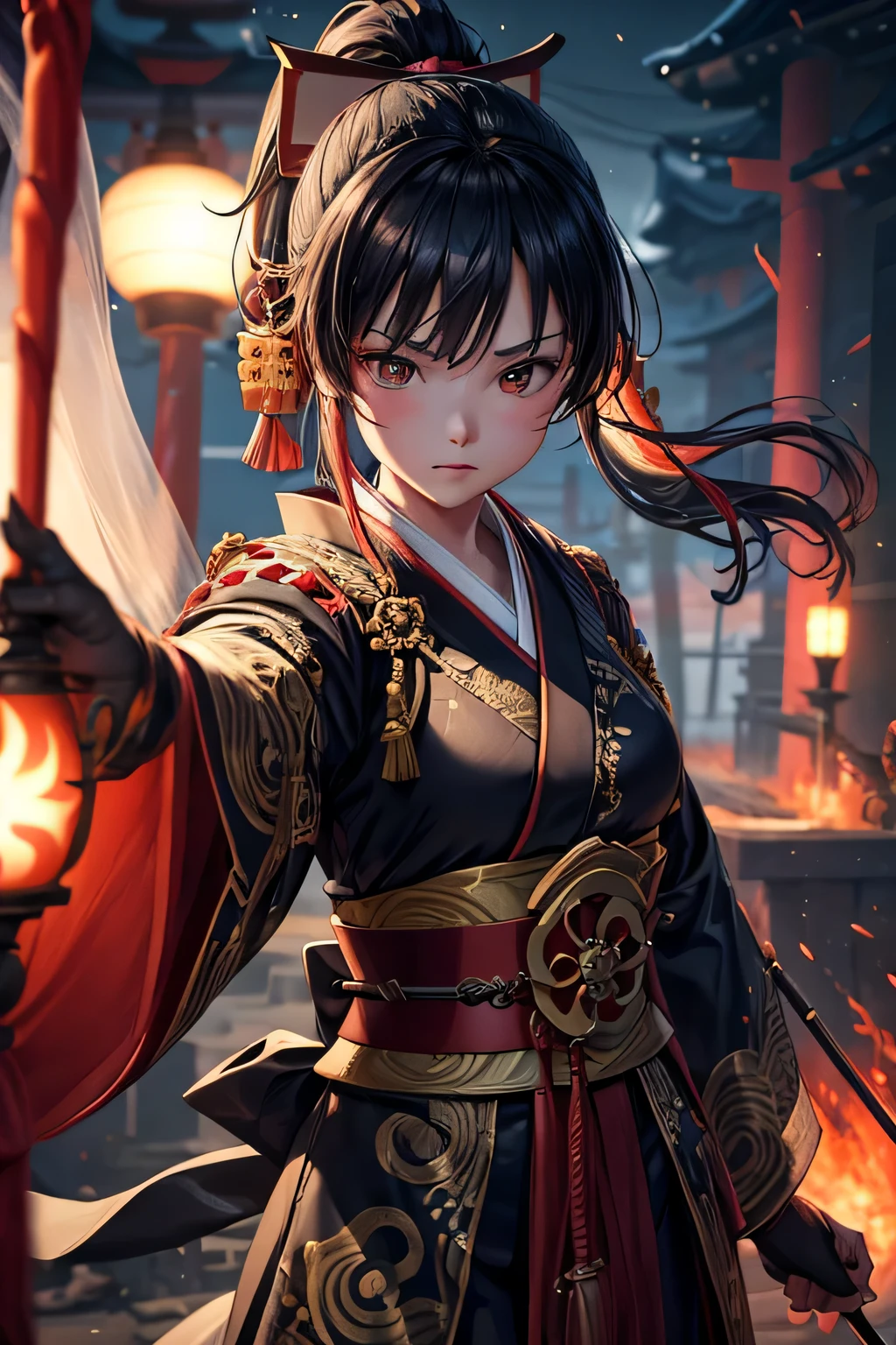 Ancient japanese shrine priestess, combat stance, light armor, ready to fight, evil mean look on her face, Cute Girl, Kimono, Long Hair in ponytail, ,  red Full Moon, Haori, loli, holding a priestess staff, controlling fire, Ghosts and spirits flying around her, nighttime, highly detailed, vibrant appearance, creative behavior, extremly detailed, imaginative, , spontaneous, highest quality, skin texture, intricate details, (cinematic lighting), RAW photo, 8k, masterpiece,best quality,ultra-detailed,very detailed illustrations,extremely detailed,intricate details,highres,super complex details,extremely detailed 8k cg wallpaper,