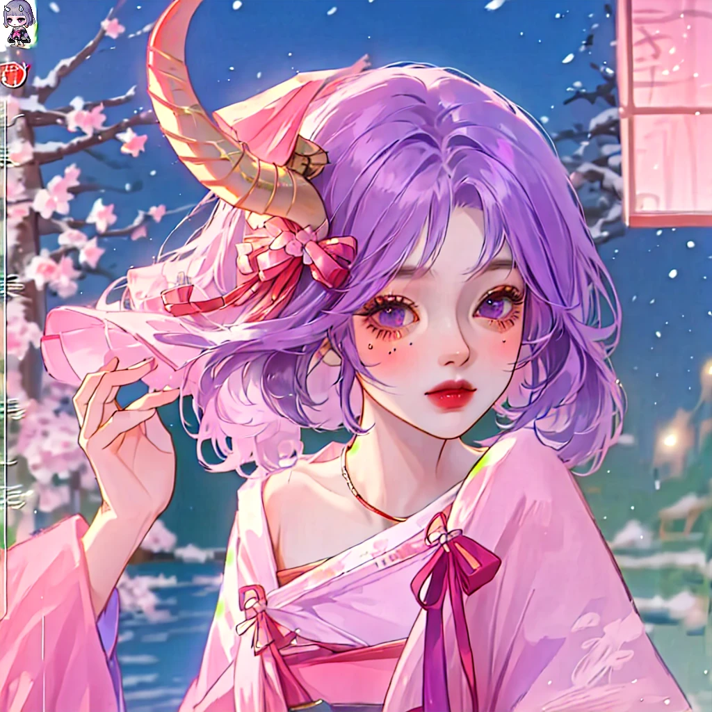 A girl with purple short hair and a pink ribbon, goblin horn, snowy night view,Purple kimono style A-line dress