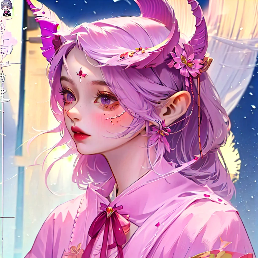 A girl with purple short hair and a pink ribbon, goblin horn, snowy night view,Purple kimono style A-line dress