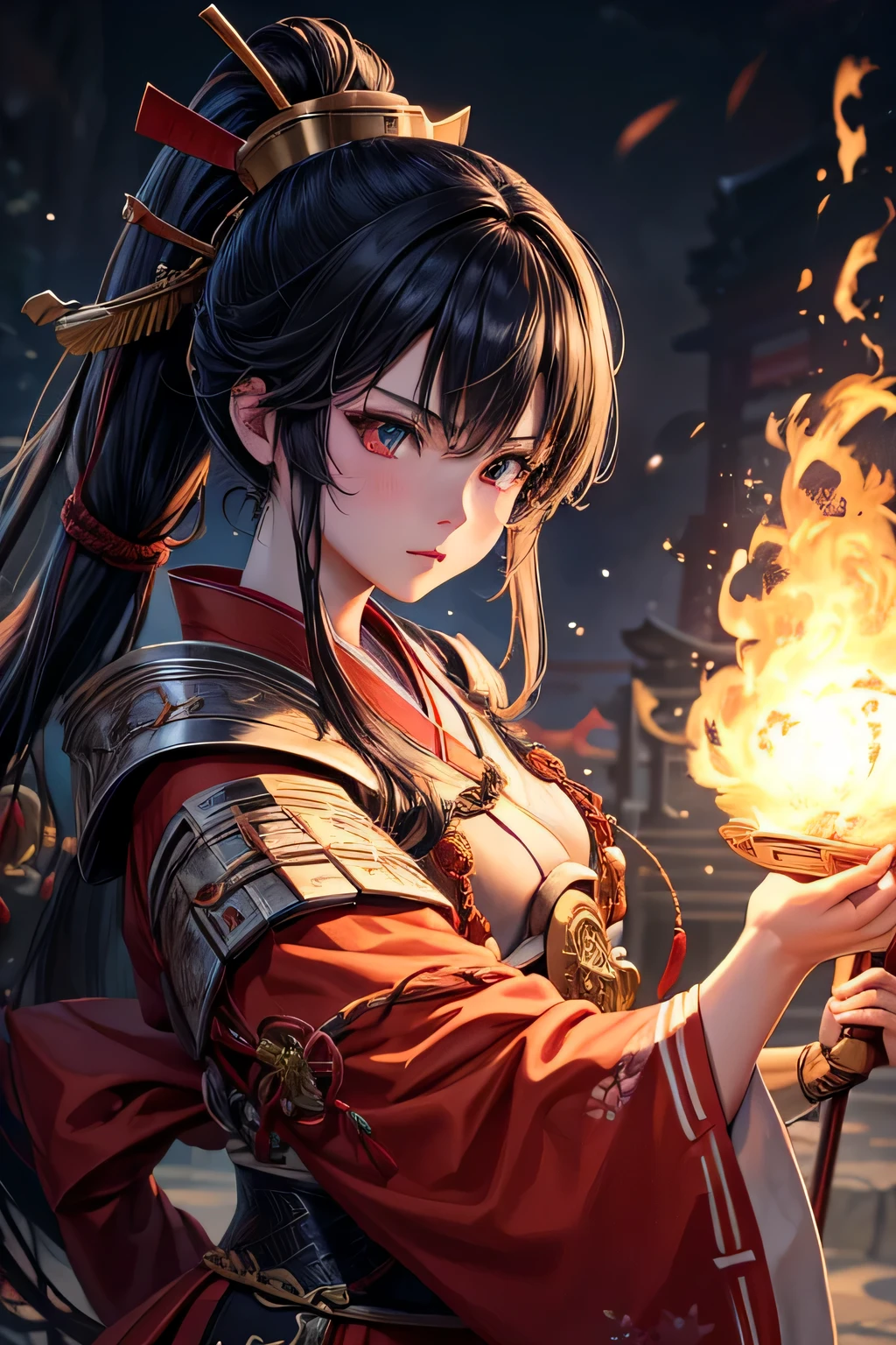 Ancient japanese shrine priestess, combat stance, light armor, ready to fight, evil mean look on her face, Cute Girl, Kimono, Long Hair in ponytail, , red Full Moon, Haori, loli, holding a priestess staff, controlling fire, Ghosts and spirits flying around her, nighttime, highly detailed, vibrant appearance, creative behavior, extremly detailed, imaginative, , spontaneous, highest quality, skin texture, intricate details, (cinematic lighting), RAW photo, 8k, masterpiece,best quality,ultra-detailed,very detailed illustrations,extremely detailed,intricate details,highres,super complex details,extremely detailed 8k cg wallpaper,