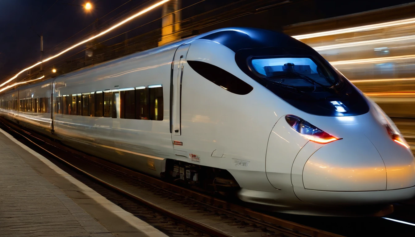 a long-exposure shot of the high-speed train moving through a city at night, with streaks of light trailing behind it. The shot should evoke a sense of excitement and dynamism, representing the future of urban transportation