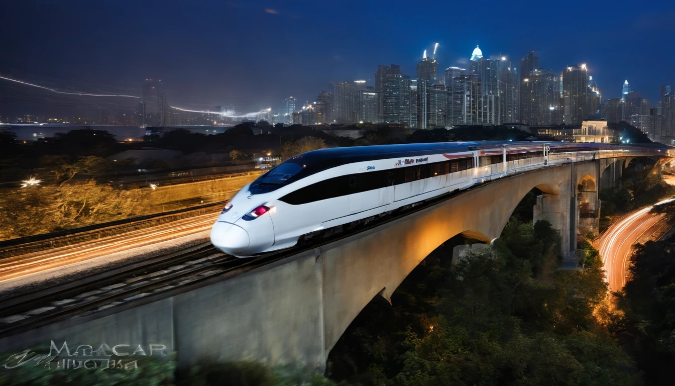 a long-exposure shot of the high-speed train moving through a city at night, with streaks of light trailing behind it. The shot should evoke a sense of excitement and dynamism, representing the future of urban transportation