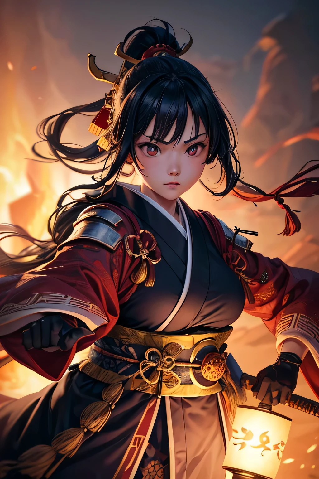 Ancient japanese shrine priestess, combat stance, light armor, ready to fight, evil mean look on her face, Cute Girl, Kimono, Long Hair in ponytail, ,  red Full Moon, Haori, loli, holding a priestess staff, controlling fire, Ghosts and spirits flying around her, nighttime, highly detailed, vibrant appearance, creative behavior, extremly detailed, imaginative, , spontaneous, highest quality, skin texture, intricate details, (cinematic lighting), RAW photo, 8k, masterpiece,best quality,ultra-detailed,very detailed illustrations,extremely detailed,intricate details,highres,super complex details,extremely detailed 8k cg wallpaper,