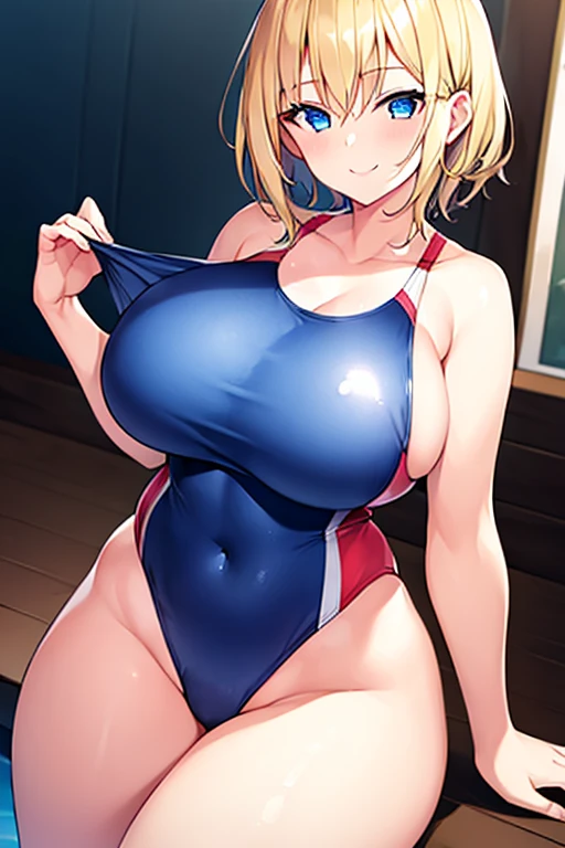 1girl, large breasts, thick thighs, very short hair, blonde hair, blue eyes, smile, light smile, breast suppress, competition swimsuit, one-piece swimsuit, red trim