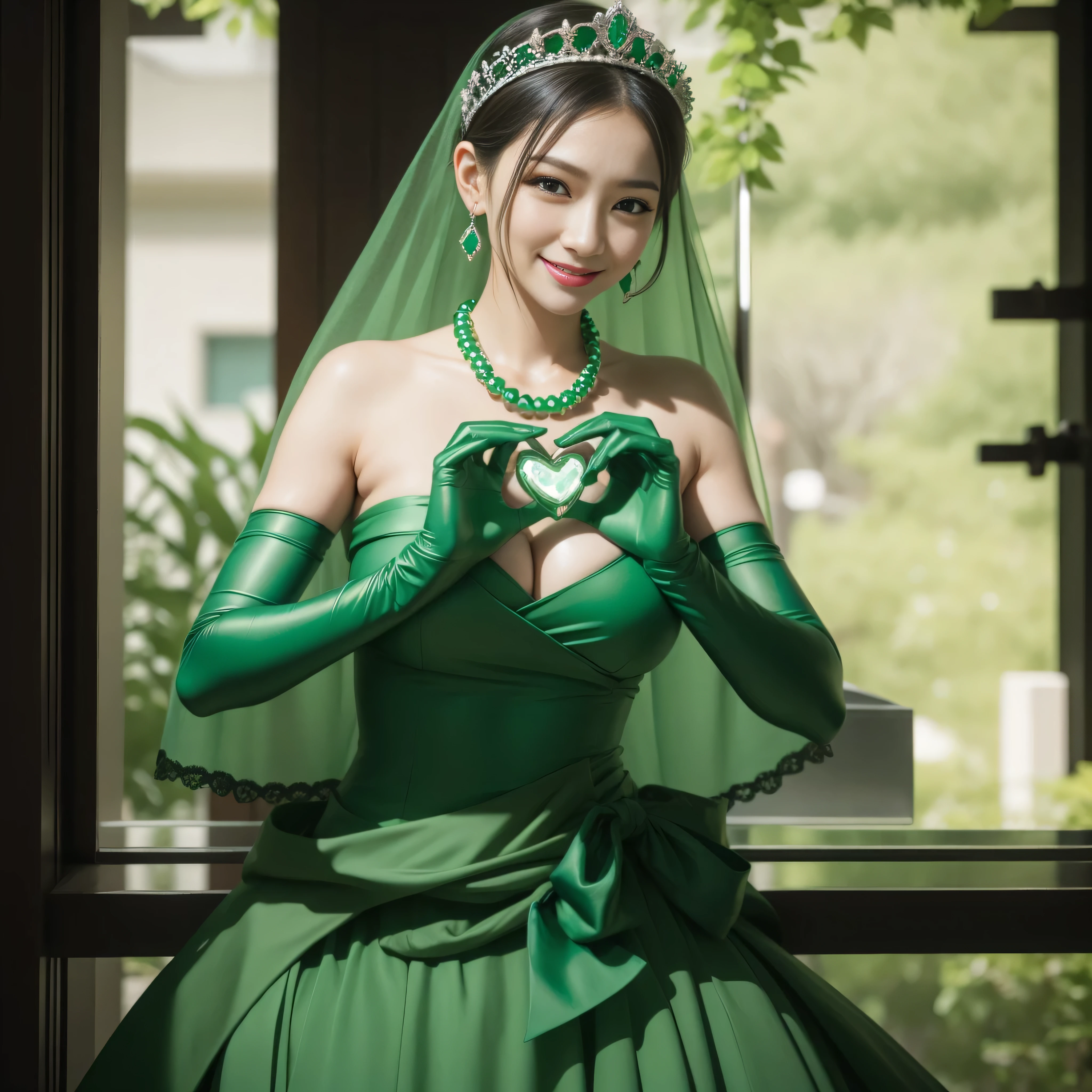 emerald tiara, Green Pearl Necklace, Boyish very short green hair, lipsticks, Japan woman smiling, very short short hair, big breasts beautiful, Green eyes, Long green gloves made of satin material, Green eyes, Emerald Earrings, green vale, 両Heart in the hand, Heart in the hand