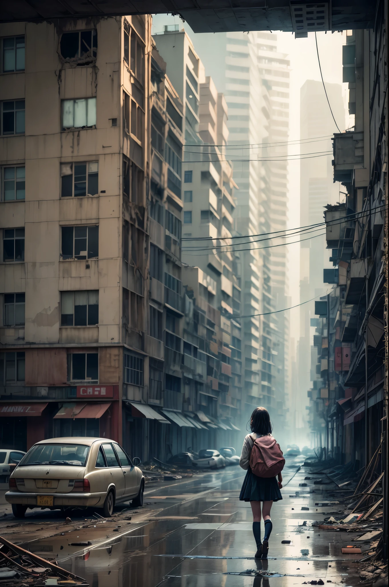 A lonely girl, holding a teddy bear, stands in a nuclear wasteland. The once thriving city now lies in ruins, with crumbling buildings and abandoned vehicles scattered amidst the desolation. Nature has started to reclaim the territory, with plants growing through cracks in the concrete and vines wrapping around the decaying structures. The atmosphere is eerie, with a sense of loneliness and despair hanging in the air. The scene is bathed in a dark and moody light, emphasizing the post-apocalyptic setting. The girl's expression reflects her loneliness and the weight of the world she carries on her shoulders. The teddy bear she clings to provides her with some comfort in this unforgiving world. The colors are muted, with a desaturated and faded palette, further enhancing the desolate mood of the scene.