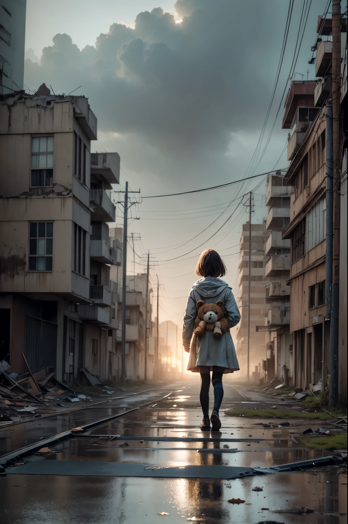 A lonely girl, holding a teddy bear, stands in a nuclear wasteland. The once thriving city now lies in ruins, with crumbling buildings and abandoned vehicles scattered amidst the desolation. Nature has started to reclaim the territory, with plants growing through cracks in the concrete and vines wrapping around the decaying structures. The atmosphere is eerie, with a sense of loneliness and despair hanging in the air. The scene is bathed in a dark and moody light, emphasizing the post-apocalyptic setting. The girl's expression reflects her loneliness and the weight of the world she carries on her shoulders. The teddy bear she clings to provides her with some comfort in this unforgiving world. The colors are muted, with a desaturated and faded palette, further enhancing the desolate mood of the scene.