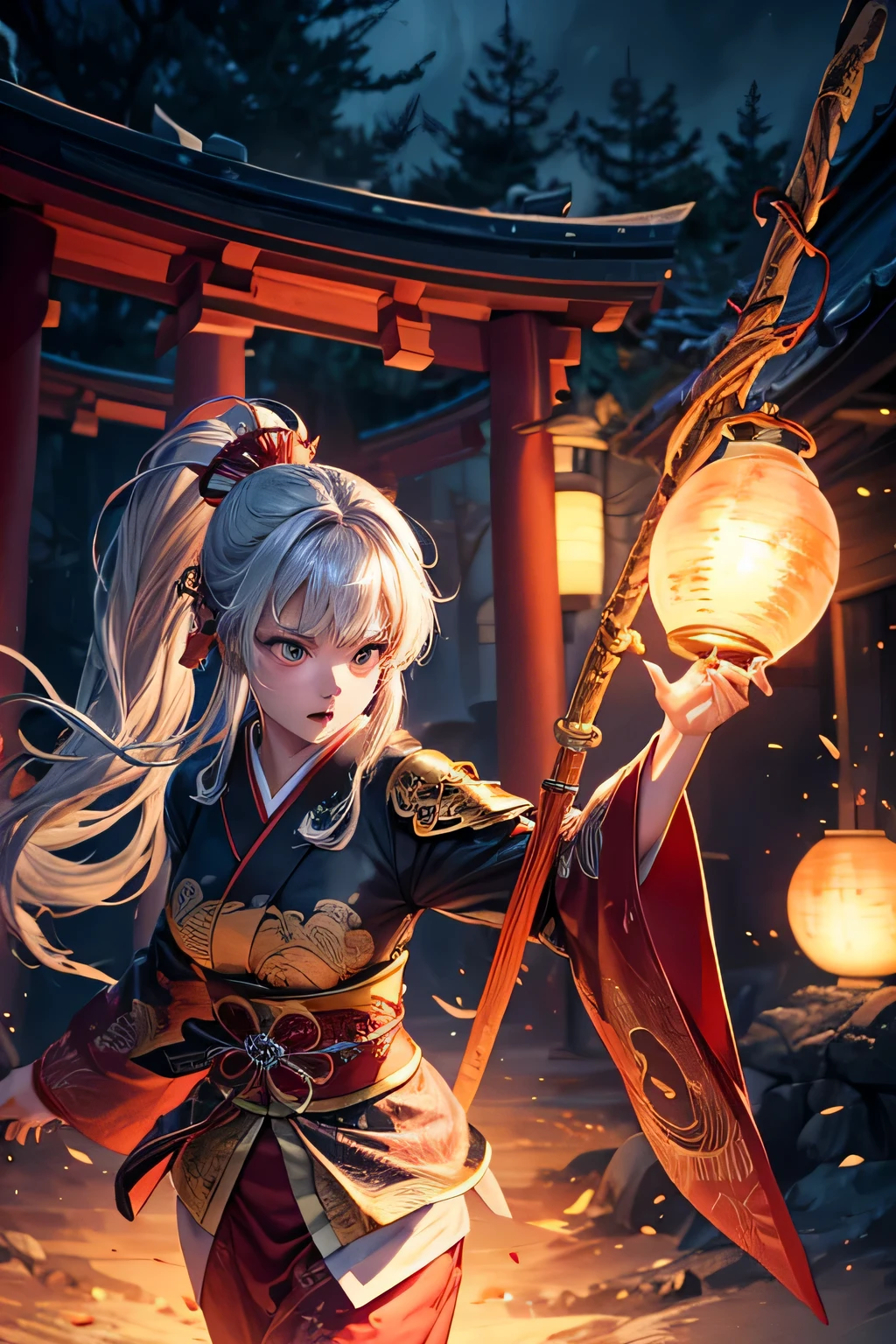 Ancient japanese shrine priestess, combat stance, light armor, ready to fight, evil mean look on her face, Cute Girl, Kimono, Long Hair in ponytail, ,  red Full Moon, Haori, loli, holding a priestess staff, controlling fire, Ghosts and spirits flying around her, nighttime, highly detailed, vibrant appearance, creative behavior, extremly detailed, imaginative, , spontaneous, highest quality, skin texture, intricate details, (cinematic lighting), RAW photo, 8k, masterpiece,best quality,ultra-detailed,very detailed illustrations,extremely detailed,intricate details,highres,super complex details,extremely detailed 8k cg wallpaper,