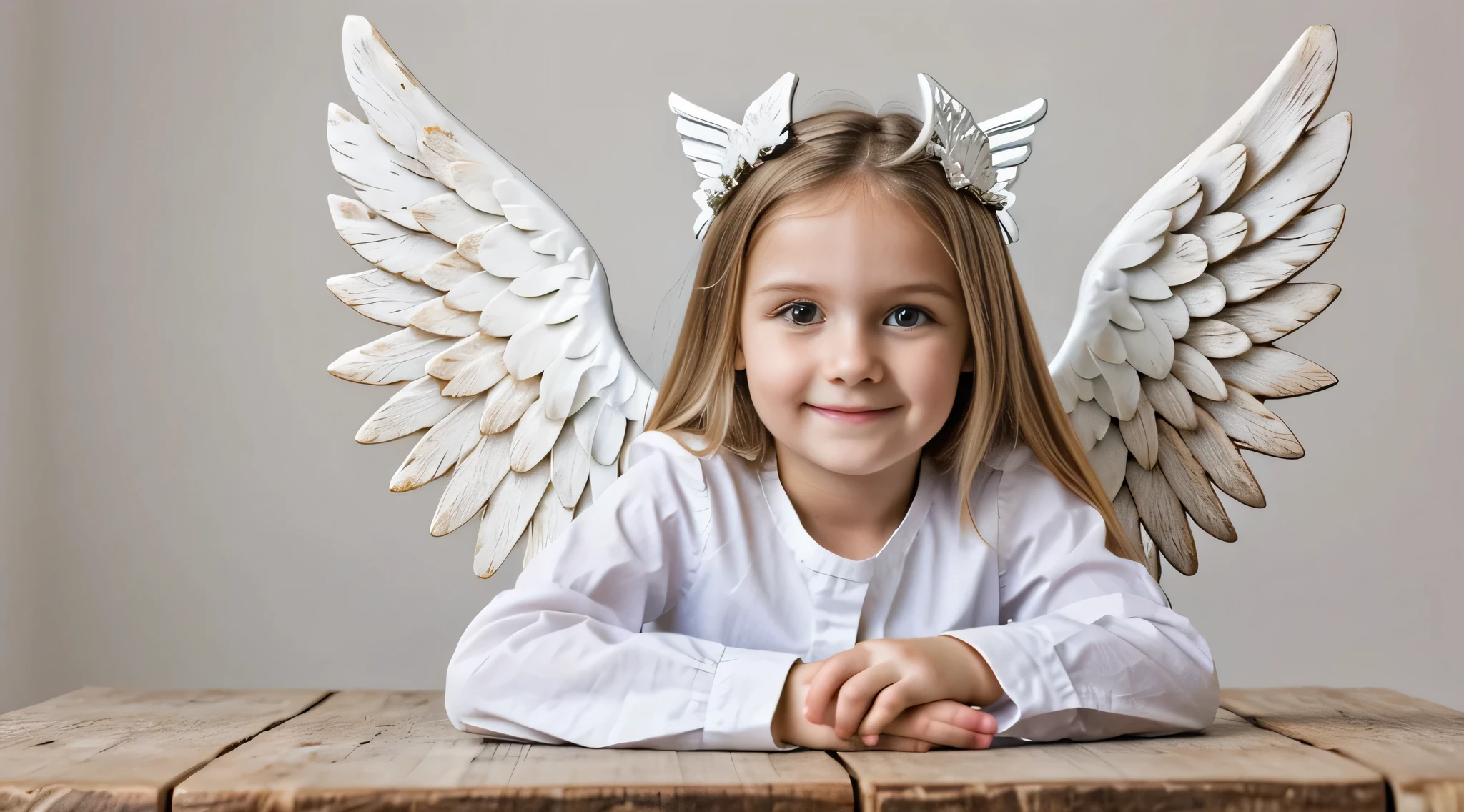 there is a smiling blonde child  com asas de anjo use of mask of gas sitting at a table, of a beautiful meninajo, anjo bonito, of anjo bonito, menina do anautiful menina do anjo por Portrait of a anjo bonito, menina com asas de anjo,anjo, angel themed, anjo feminino bonito, angelic, angelic neon, winged menina do anjo, angelic puritylic