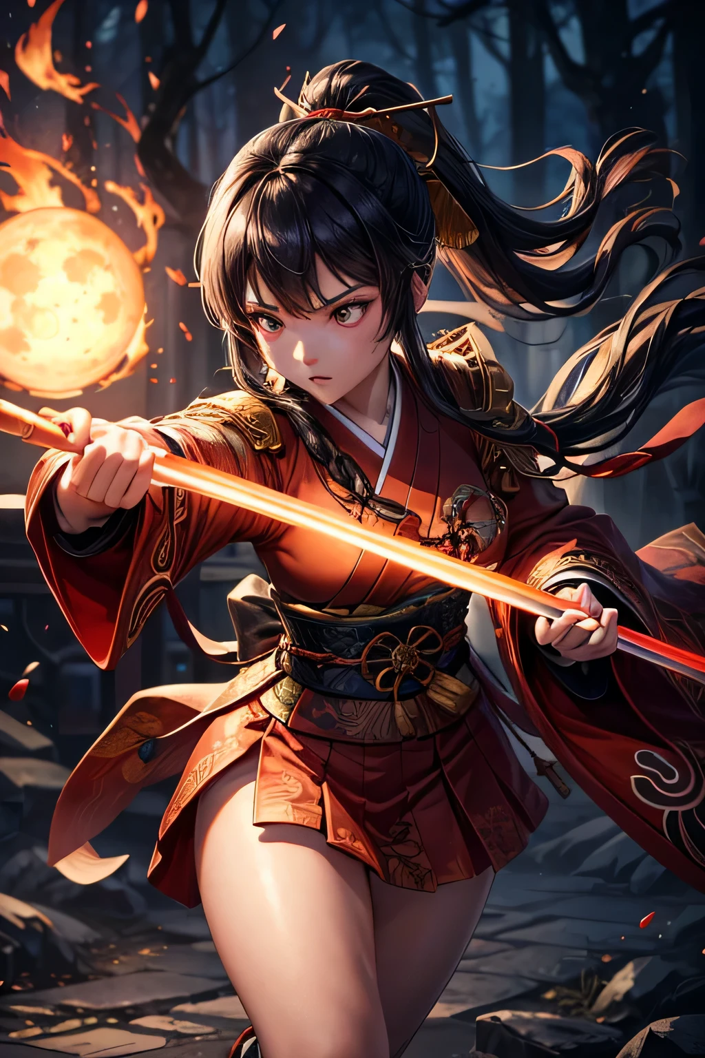 Ancient japanese shrine priestess, combat stance, light armor, ready to fight, evil mean look on her face, Cute Girl, Kimono, Long Hair in ponytail, ,  red Full Moon, Haori, , holding a priestess staff, controlling fire, Ghosts and spirits flying around her, nighttime, highly detailed, vibrant appearance, creative behavior, extremly detailed, imaginative, , spontaneous, highest quality, skin texture, intricate details, (cinematic lighting), RAW photo, 8k, masterpiece,best quality,ultra-detailed,very detailed illustrations,extremely detailed,intricate details,highres,super complex details,extremely detailed 8k cg wallpaper,