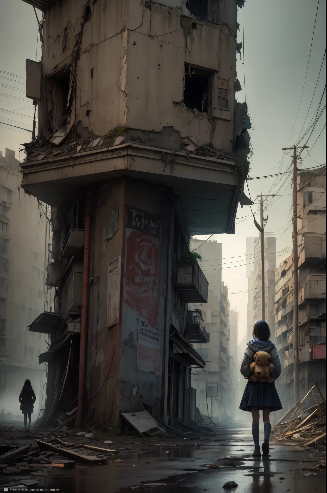 A lonely girl, holding a teddy bear, stands in a nuclear wasteland. The once thriving city now lies in ruins, with crumbling buildings and abandoned vehicles scattered amidst the desolation. Nature has started to reclaim the territory, with plants growing through cracks in the concrete and vines wrapping around the decaying structures. The atmosphere is eerie, with a sense of loneliness and despair hanging in the air. The scene is bathed in a dark and moody light, emphasizing the post-apocalyptic setting. The girl's expression reflects her loneliness and the weight of the world she carries on her shoulders. The teddy bear she clings to provides her with some comfort in this unforgiving world. The colors are muted, with a desaturated and faded palette, further enhancing the desolate mood of the scene.