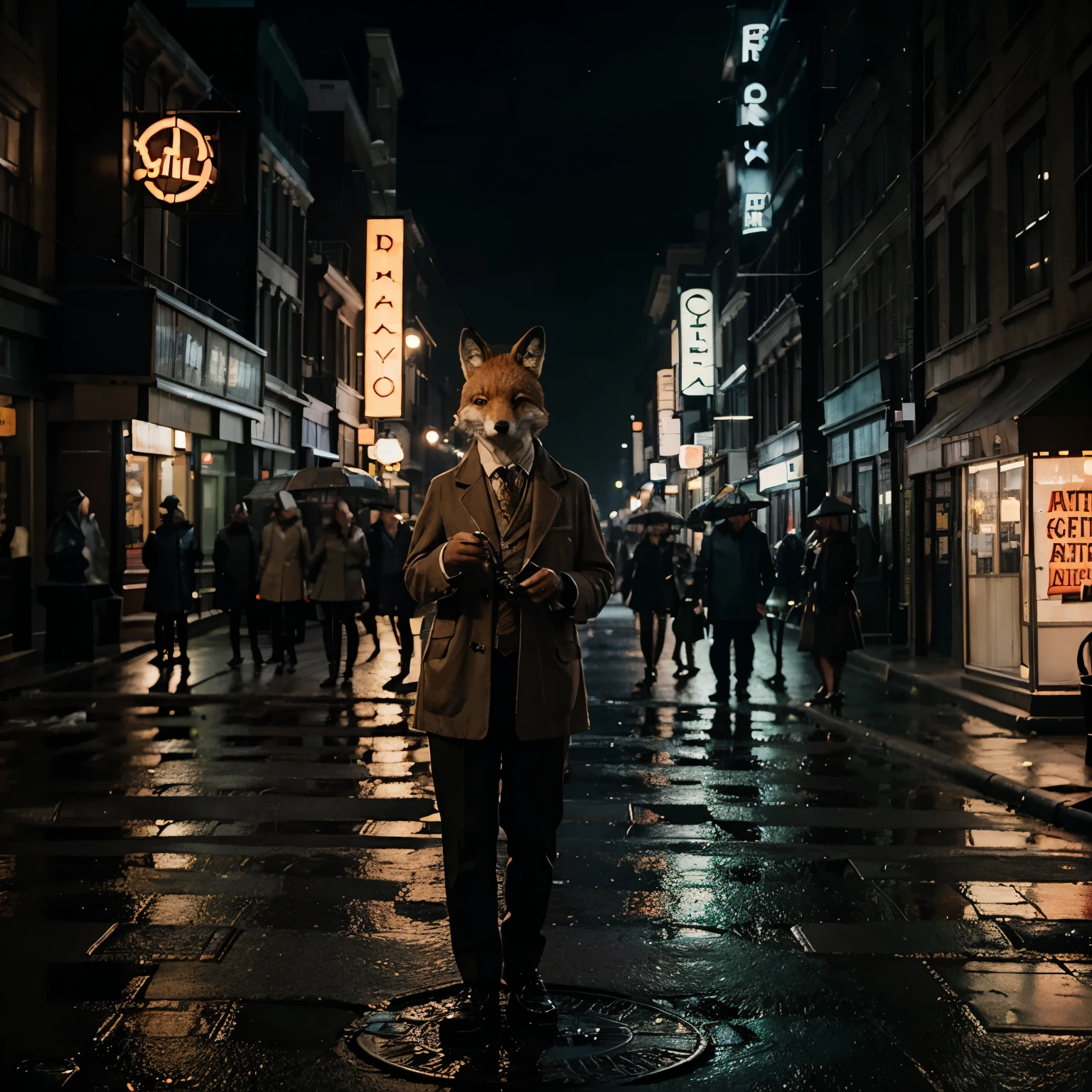 On a dark, rainy street, a fox dressed as a classic 1940s detective is holding a magnifying glass and investigating footprints. All around, other animals dressed as ordinary citizens are watching anxiously. A flashing neon sign reads "Animal Detective Agency" on the facade of a building.