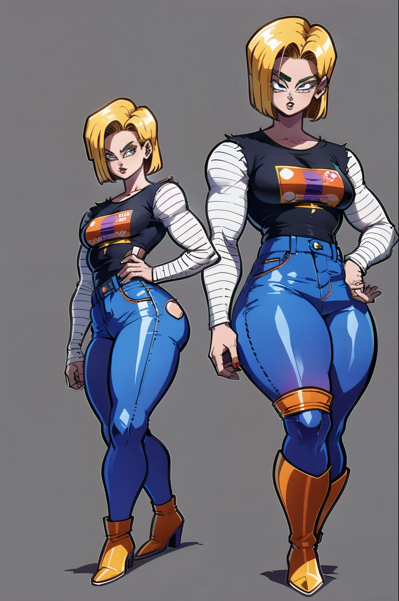 Android18, android 18 1girl, (sozinho:1.2), (Standing:1.3), (Interagindo:1.3), (mostrando perfil esquerdo), (mostrando corpo completo),( de lado), mostrando a lateral, mostrando diagonalmente, android 18 dragonball, android18 dragonball, Denim Jeans Pants, colete jeans, camisa manga longa branca listrada, camisa preta, saia jeans, bota marrom, brown cowboy boots,