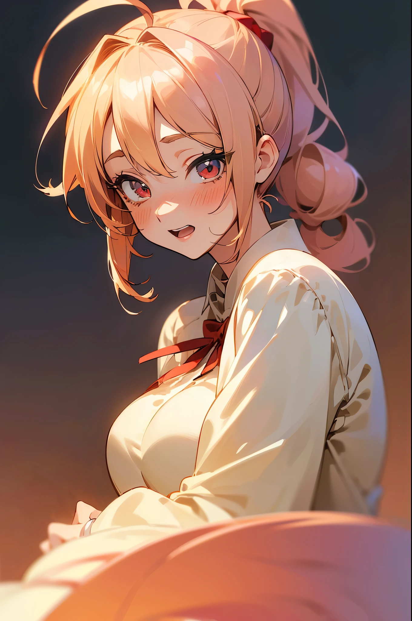 (masutepiece, Best Quality, High resolution, Perfect Pixel, depth of fields, 4K, nffsw, nffsw))), 1girl in, Single, Solo, , 17 yek hair,  Beautiful anime girl, Beautiful Art Style, Anime Character, ((Blonde ponytail、Ahoge)), ((big round red eyes:1.4, Detailed eyes, Beautiful eyes, Perfect eyes,Curly eyelashes, Realistic eyes)), ((Detailed face, Blushing:1.2)), ((Smooth texture:0.75, Realistic texture:0.5, Anime CG style)),  Dynamic Pose, Smile, Open mouth, Leaning forward