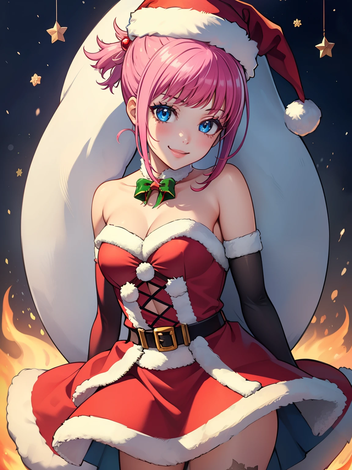 1girl, solo, masterpiece, best quality, high res, highly detailed, (illustration), beautiful detailed eyes, Hortensia \(Fire Emblem: Engage\) ,glossy lips, makeup, smile, long white elbow gloves, cowboy shot, (santa), red santa dress, santa hat, strapless dress, white elbow gloves