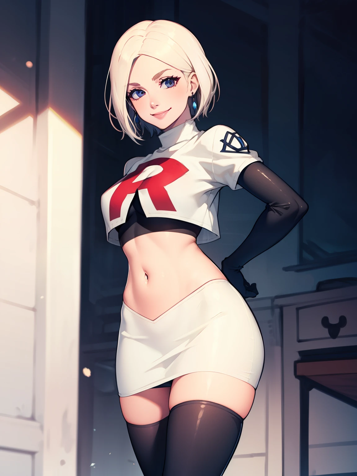 warMercedes, short hair ,glossy lips ,team rocket uniform, red letter R, white skirt,white crop top,black thigh-high boots, black elbow gloves, evil smile, looking at viewer, cowboy shot