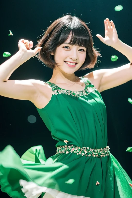 Beautiful and delicate portrait of playful cute girl with short boyish hair, Black hair, Emerald Green Sea, Mischievous smile, Dancing petals, (of the highest quality, masutepiece, Ultra-realistic) And petals floating in the background