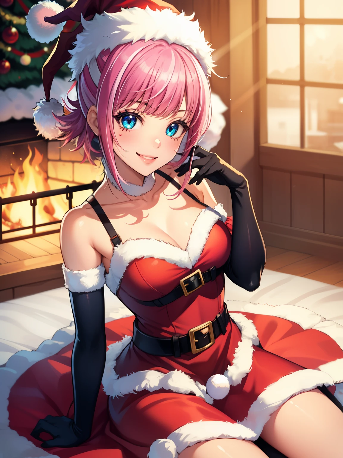 1girl, solo, masterpiece, best quality, high res, highly detailed, (illustration), beautiful detailed eyes, Hortensia \(Fire Emblem: Engage\), pink hair ,glossy lips, makeup, smile, long white elbow gloves, cowboy shot, (santa), red santa dress, santa hat, strapless dress, white elbow gloves