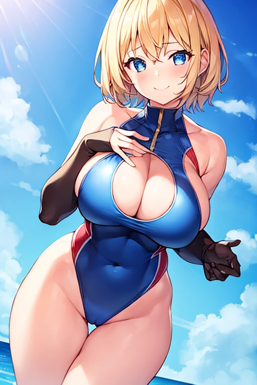 1girl, large breasts, thick thighs, very short hair, blonde hair, blue eyes, smile, light smile, breast suppress, competition swimsuit, one-piece swimsuit, red trim, hands on own chest, cutout, hip vent, underboob cutout, cleavage cutout