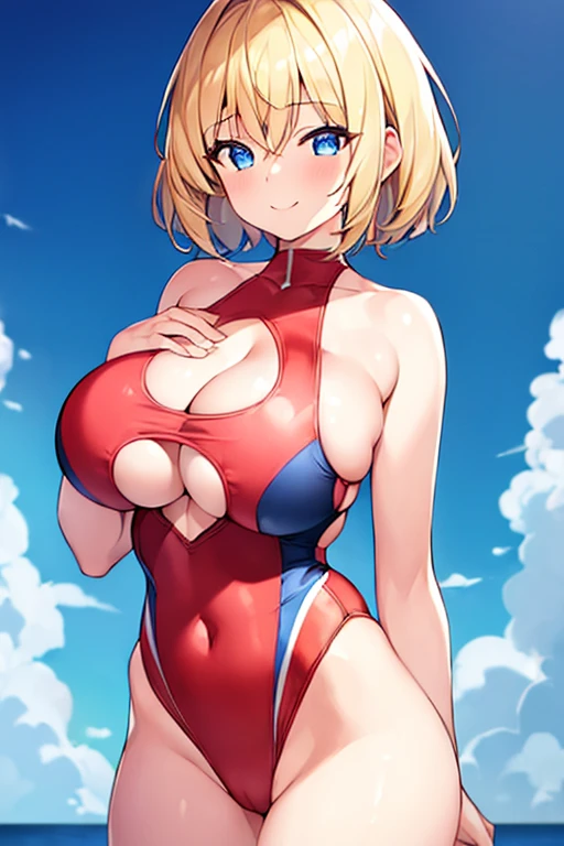 1girl, large breasts, thick thighs, very short hair, blonde hair, blue eyes, smile, light smile, breast suppress, competition swimsuit, one-piece swimsuit, red trim, hands on own chest, cutout, hip vent, underboob cutout, cleavage cutout