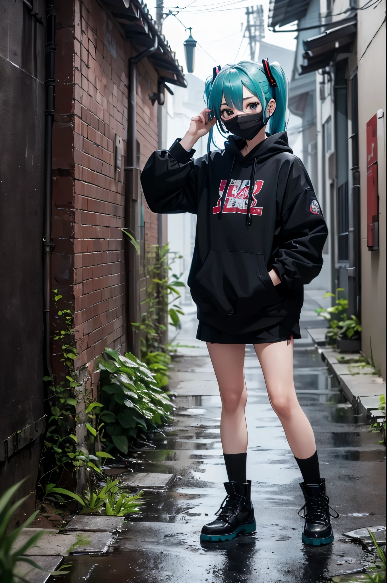 (4k, best quality, masterpiece:1.2), (detailed and beautiful face:1.3), one 18 year old girl, hatsune miku, (full body shot:1.2), dressed in a drain gang style, dressed like bladee, in a dark foggy rainy backstreets environment background. drain gang, (wearing black face mask:1.2)