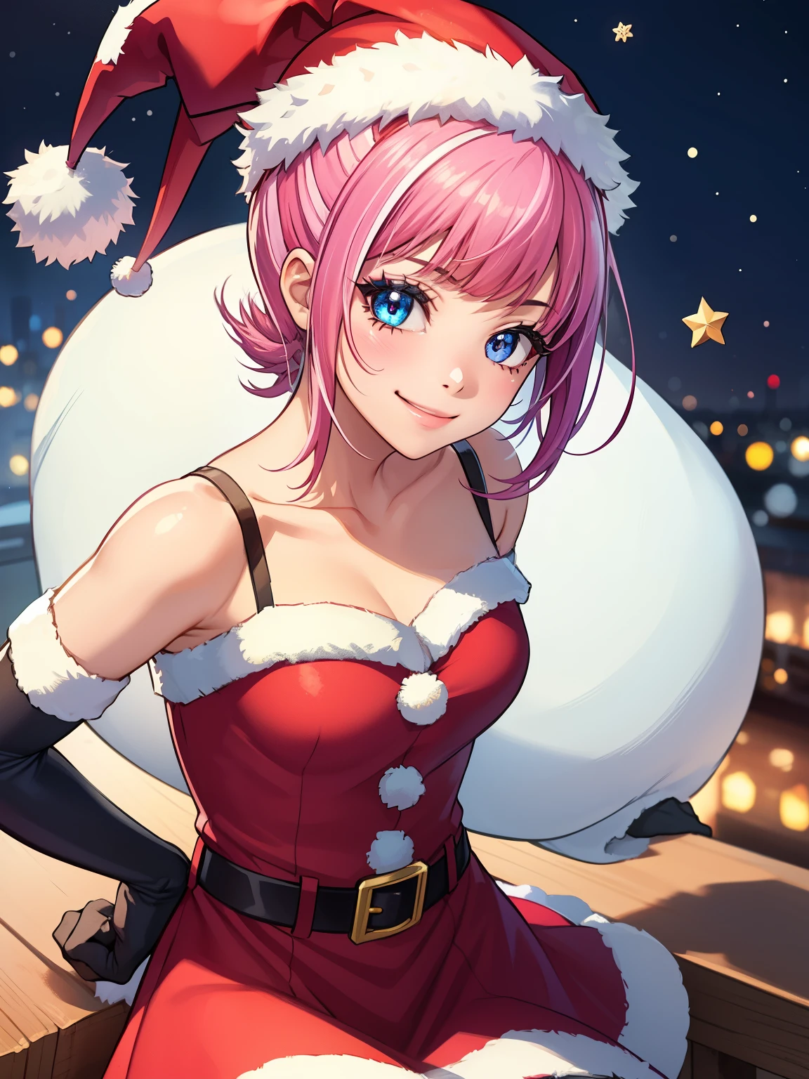 1girl, solo, masterpiece, best quality, high res, highly detailed, (illustration), beautiful detailed eyes, Hortensia \(Fire Emblem: Engage\), pink hair ,glossy lips, makeup, smile, long white elbow gloves, cowboy shot, (santa), red santa dress, santa hat, strapless dress, white elbow gloves