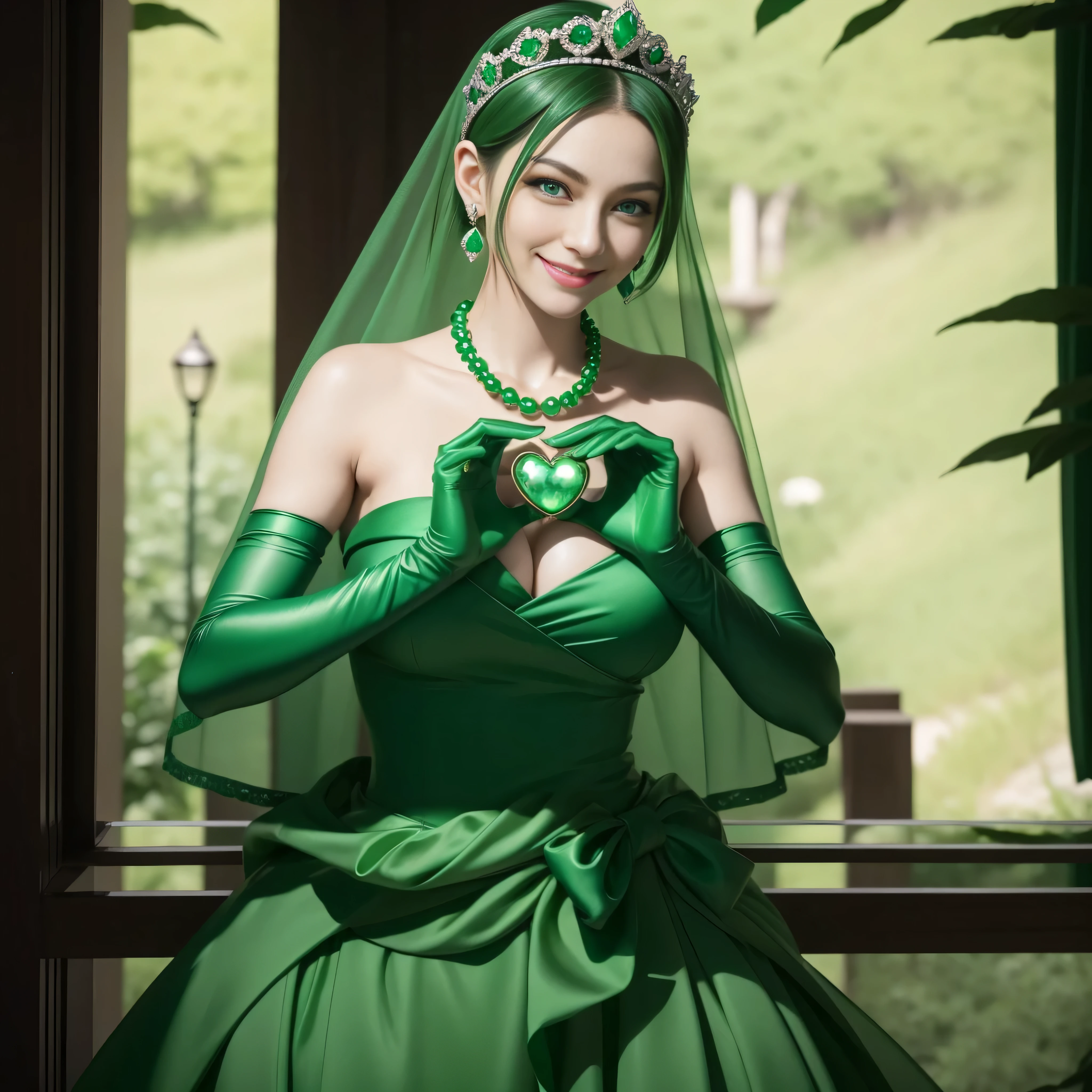 emerald tiara, Green Pearl Necklace, Boyish very short green hair, lipsticks, Japan woman smiling, very short short hair, big breasts beautiful, Green eyes, Long green gloves made of satin material, Green eyes, Emerald Earrings, green vale, 両Heart in the hand, Heart in the hand