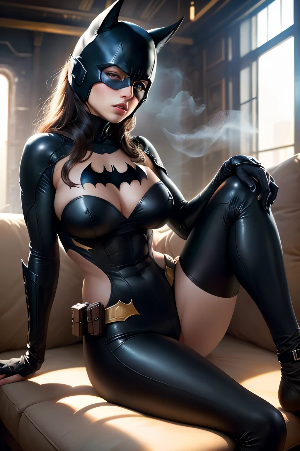 RAW, Masterpiece, Ultra Fine Photo,, Best Quality, Ultra High Resolution, Photorealistic, Sunlight, Full Body Portrait, Stunningly Beautiful,, Dynamic Poses, Delicate Face, Vibrant Eyes, (Side View) , she wears futuristic Batman costume, skinny leather pants, turtleneck top, off shoulders, Batman ears, sitting on a leather sofa, very detailed background, detailed face, detailed busy background, messy, gorgeous, Milky white, high detailed skin, realistic skin detail, visible pores, sharp focus, volumetric fog, 8k uhd, dslr, high quality, film grain, fair skin, photorealism, lomography, in a future dystopia sprawling metropolis, seen from below, translucent, (large breast)