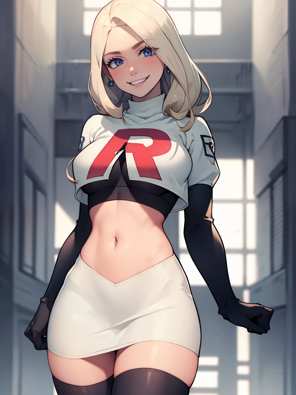 defMercedes ,glossy lips ,team rocket uniform, red letter R, white skirt,white crop top,black thigh-high boots, black elbow gloves, evil smile, looking at viewer, cowboy shot
