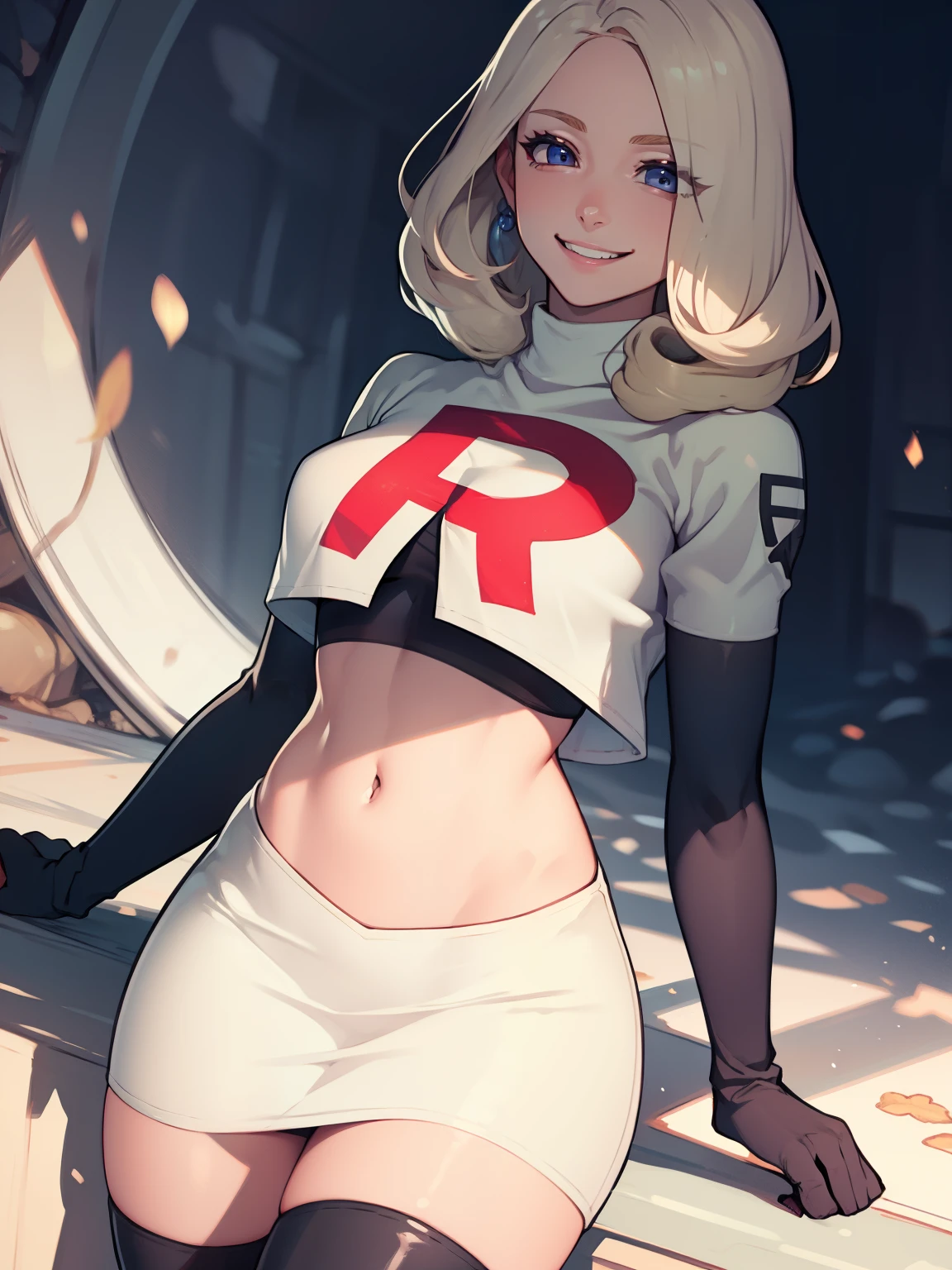 defMercedes ,glossy lips ,team rocket uniform, red letter R, white skirt,white crop top,black thigh-high boots, black elbow gloves, evil smile, looking at viewer, cowboy shot