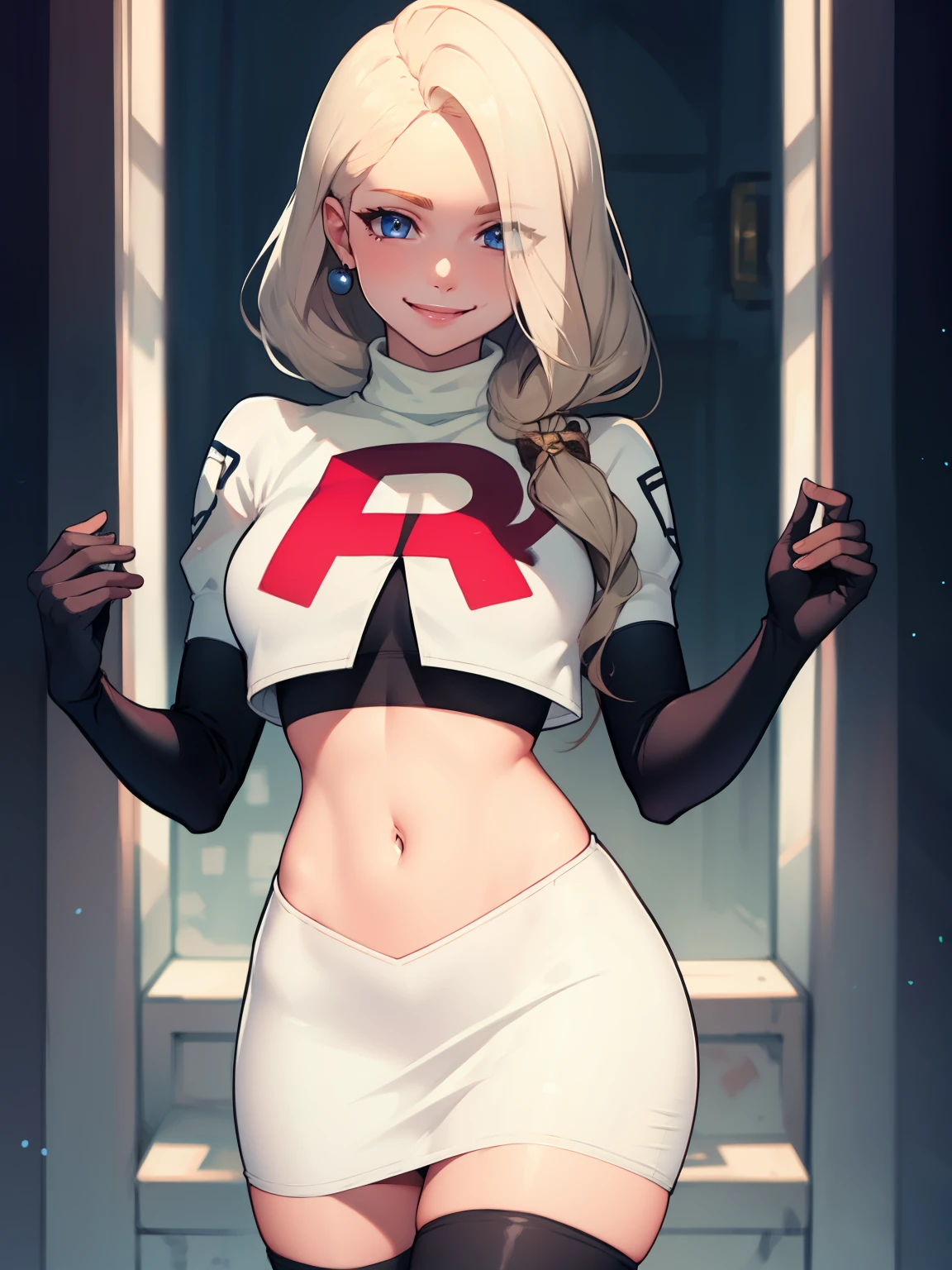 defMercedes ,glossy lips ,team rocket uniform, red letter R, white skirt,white crop top,black thigh-high boots, black elbow gloves, evil smile, looking at viewer, cowboy shot