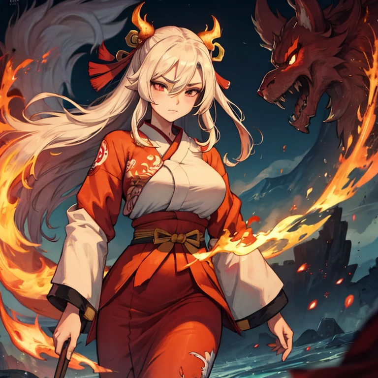 I want an illustration of a priestess confronting four menacing monsters.The priestess turns to the monsters。The priestess turns to the monsters。 Priestesses should wear traditional white and red robes, With a sacred rope (Shimenawa) and paper streamers (Side) Decorating the entrance of the shrine. She should have a wooden cane (Rushiro City) Eta、Exudes a resolute and calm aura. Each of the four monsters must have its own characteristics:
A Hannya-like demon with a grotesque mask, Sharp horns, And a malicious smile.
Golden Shisa (Lion dog) Statue brought back to life, Characterized by intricate details and fierce expressions.
Nightmarish cat-like creatures floating, Slender with creepy face, Shadowed limbs.
Slimy giant catfish creature, long with scaly skin, Beard-like appendages.
The overall atmosphere should be tense and surreal, murky, Ominous clouds overhead、Priestess standing in front of the gate of a sacred shrine