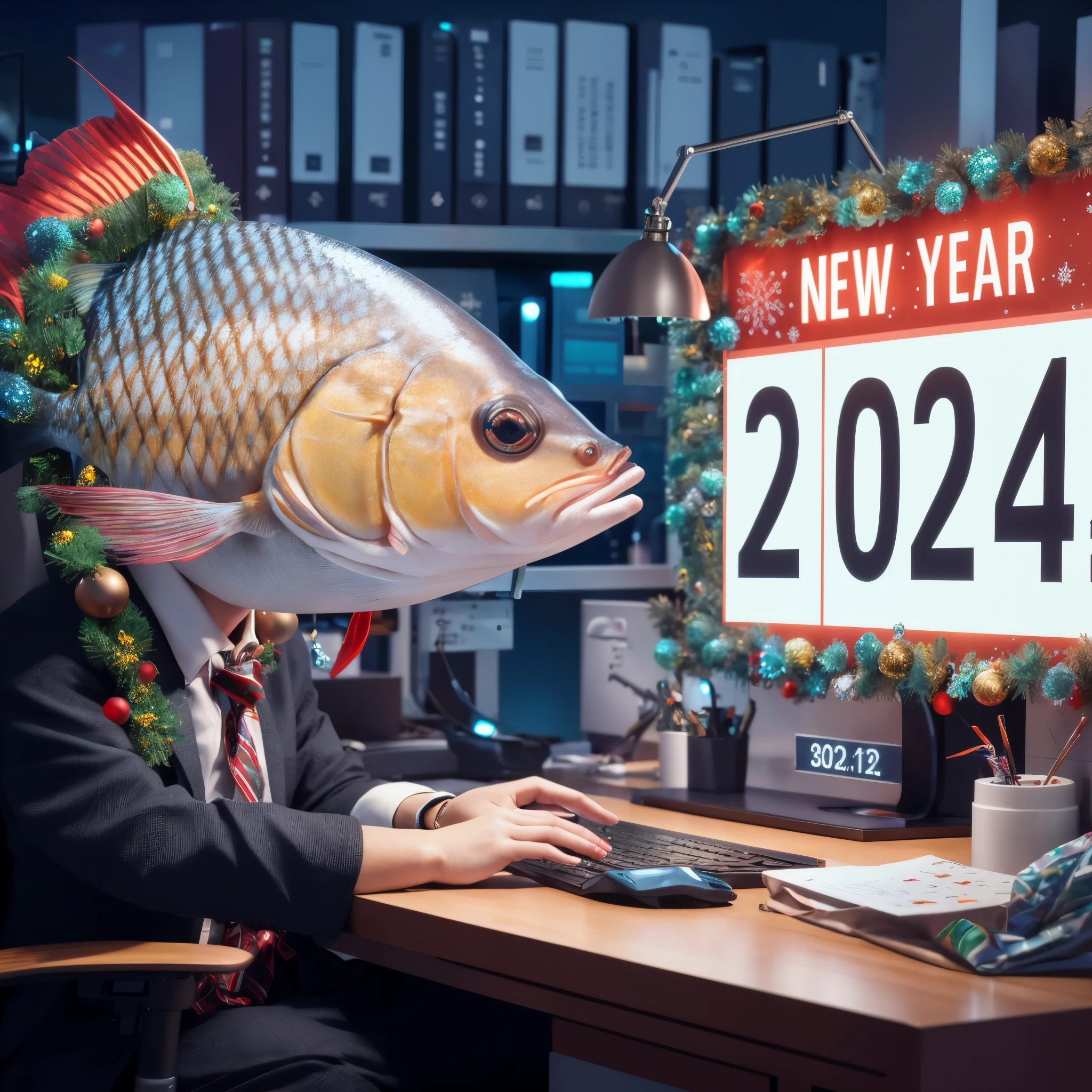 Dressed up fish - bank employee sitting at a computer terminal, large date on the calendar: '2024', festive New Year setting, anatomically correct, full frame, studio lighting, photorealistic, octane render, smooth, sharp focus, super quality, stunning New Year illustration