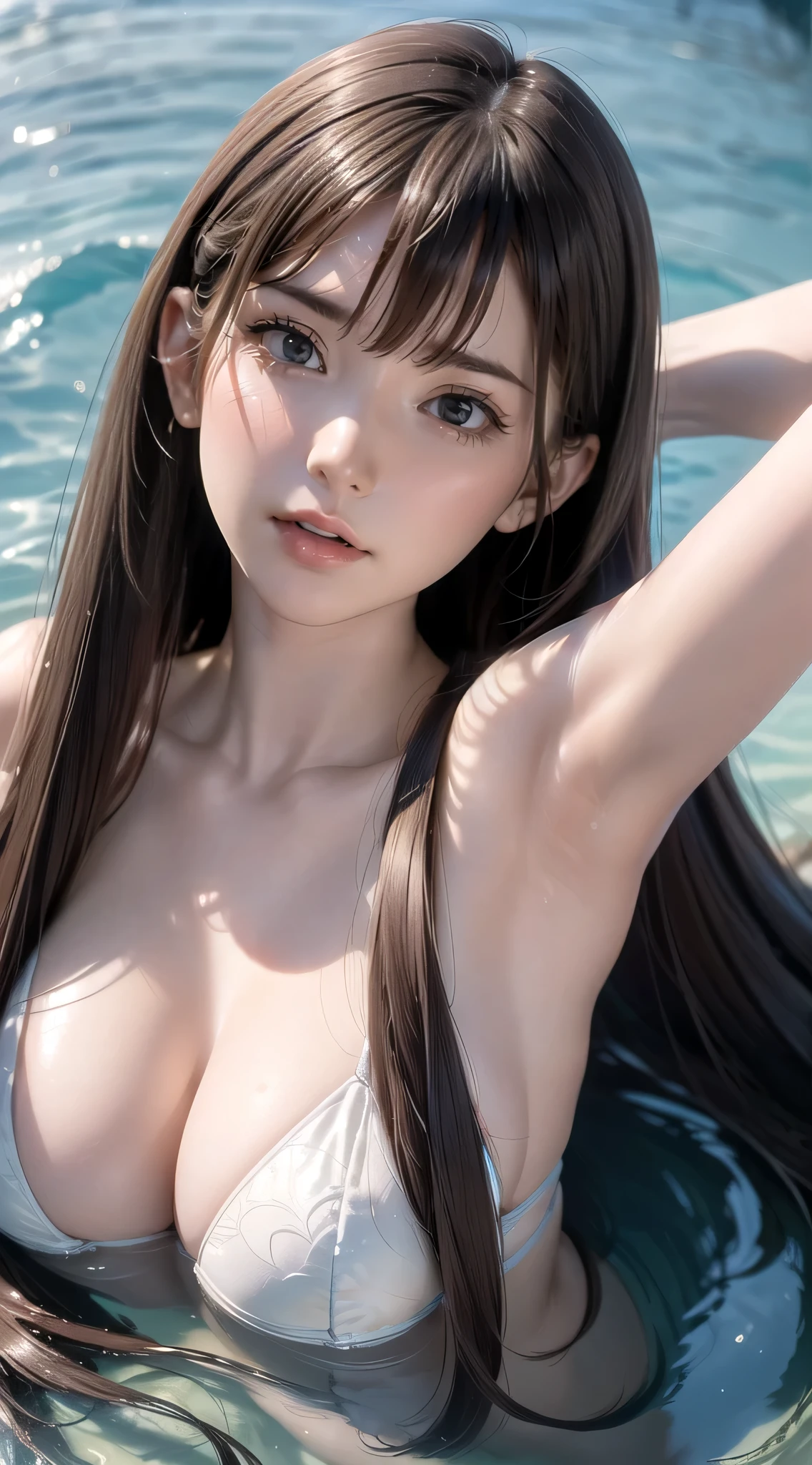 Extreme face close-up,(Over Head Shot:1.2),Floating on water,Lying,on  back,Stretching,1girl in,(Ultra detailed skin),Curve,Petite,Beautiful breasts,Large breasts,pale skin,pointed breast,Erect nipples,(Fantasy Art,Highest image quality,Hyperrealist portrait,(8K),Ultra-realistic,Best Quality, High quality, High Definition, High quality texture,high detailing,Beautiful detailed,fine detailed,extremely details CG,Detailed texture,realistic representation of face,masutepiece,presence,Dynamic,Bold),(super thin hair),(ultra soft hair),(ultra straight hair:1.5),Swept long bangs,Extra bright coppery amber hair,Hair over one eye