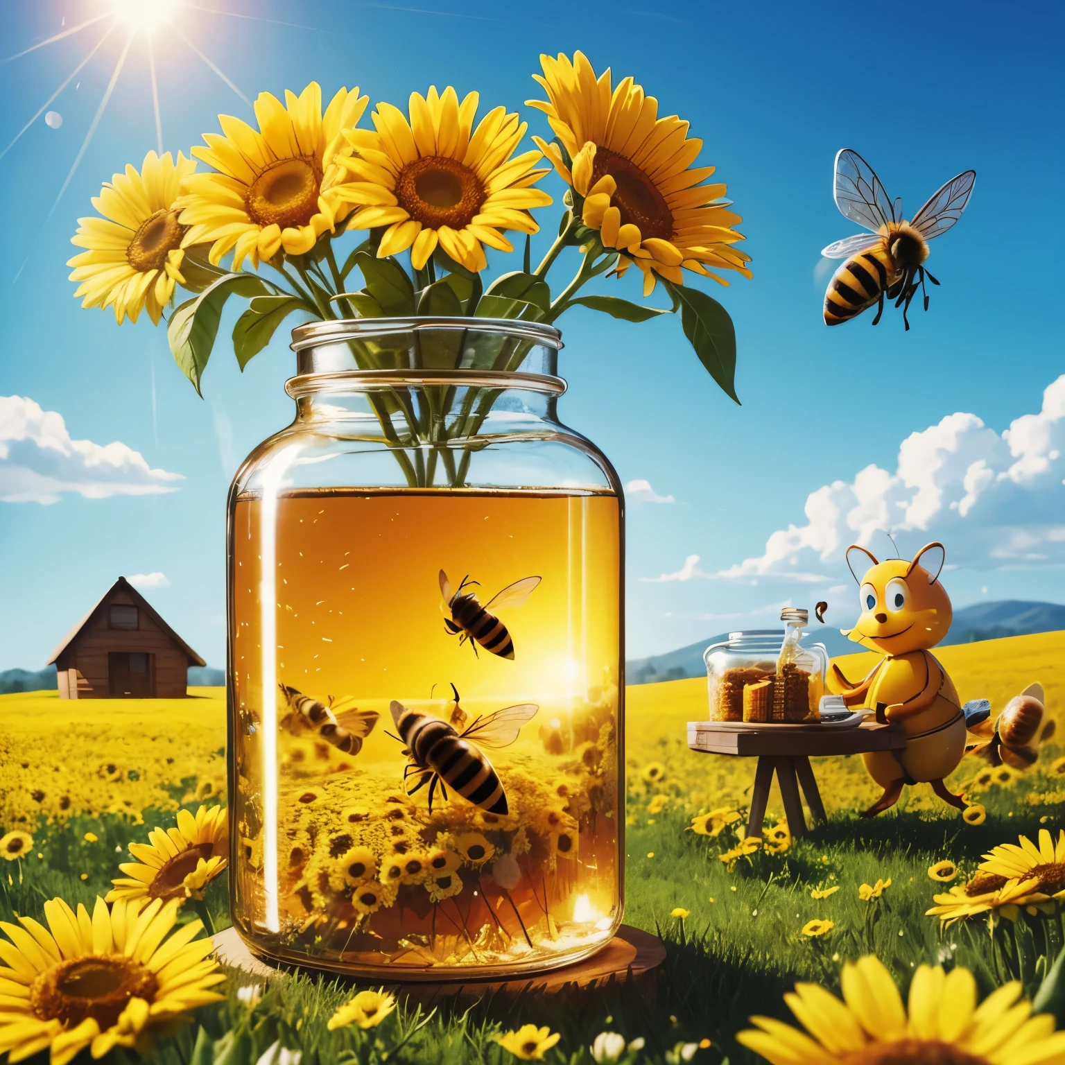 Honeybees collecting honey from flower fields and bringing into jar in front of beehive with sun and bluesky cartoon like TeX avery funny beautiful