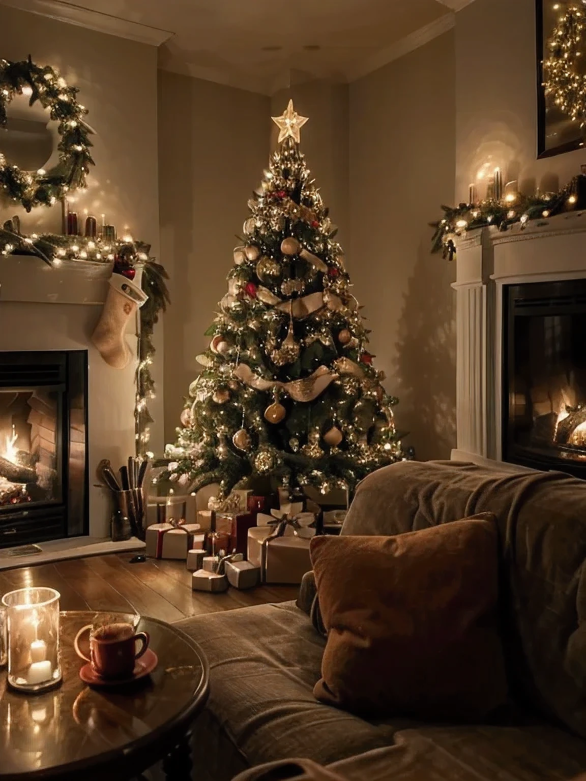 a close up of a christmas tree in a living room with a fireplace, 8k)), christmas night, cosy vibes, holiday vibe, cozy place, ❤🔥🍄🌪, cozy and peaceful atmosphere, cozy setting, cosy atmoshpere, very magical and dreamy, well - decorated, cozy lights, 🕹️ 😎 🔫 🤖 🚬