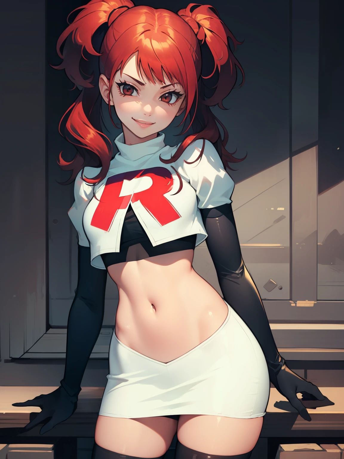 Rise Kujikawa (Persona) ,glossy lips ,team rocket uniform, red letter R, white skirt,white crop top,black thigh-high boots, black elbow gloves, evil smile, looking at viewer, cowboy shot