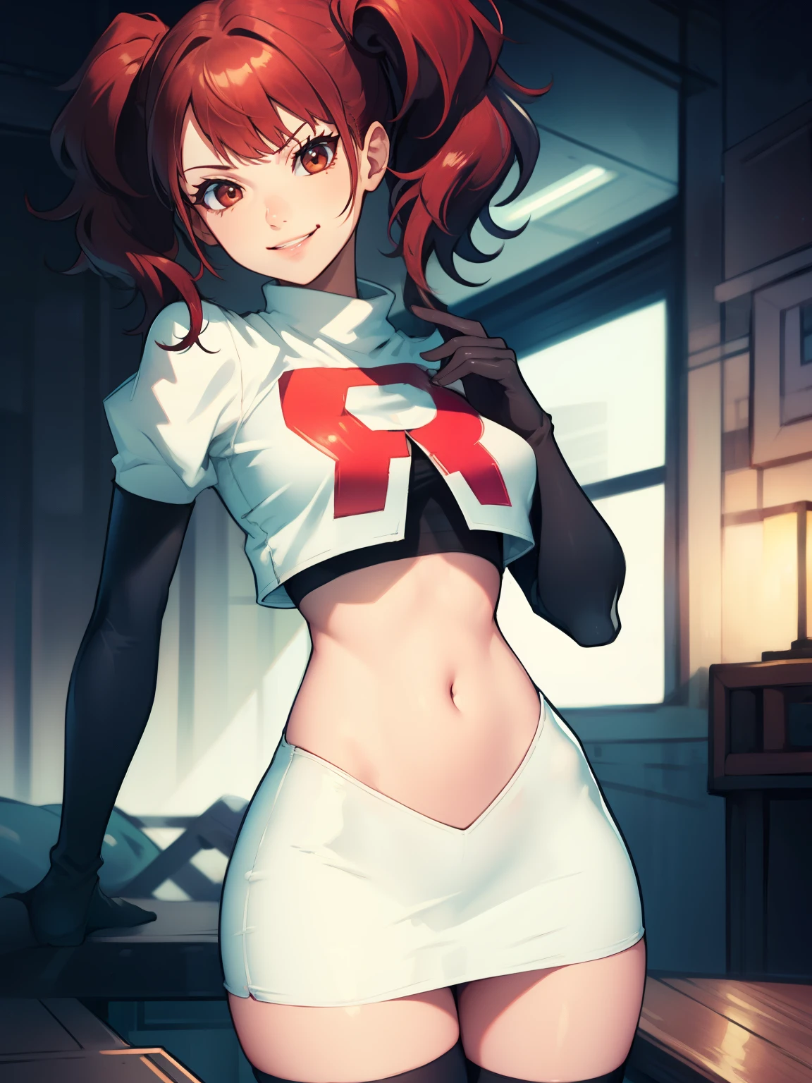 Rise Kujikawa (Persona) ,glossy lips ,team rocket uniform, red letter R, white skirt,white crop top,black thigh-high boots, black elbow gloves, evil smile, looking at viewer, cowboy shot