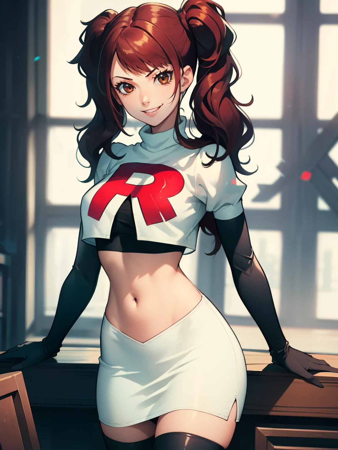 Rise Kujikawa (Persona) ,glossy lips ,team rocket uniform, red letter R, white skirt,white crop top,black thigh-high boots, black elbow gloves, evil smile, looking at viewer, cowboy shot