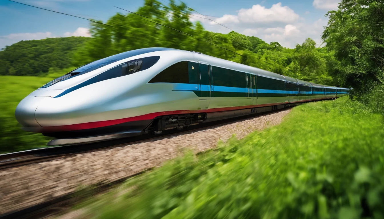 a serene shot of the high-speed train gliding through a scenic countryside, with lush greenery and clear blue skies as the backdrop. The shot should represent the harmonious coexistence of nature and technology in the future