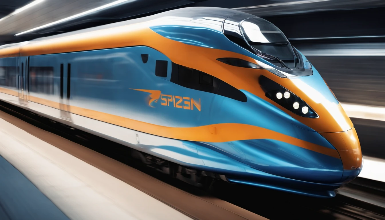 a dynamic shot of a high-speed train zooming past, with a sleek and modern design that represents the future of transportation. The shot should showcase the speed and power of the train