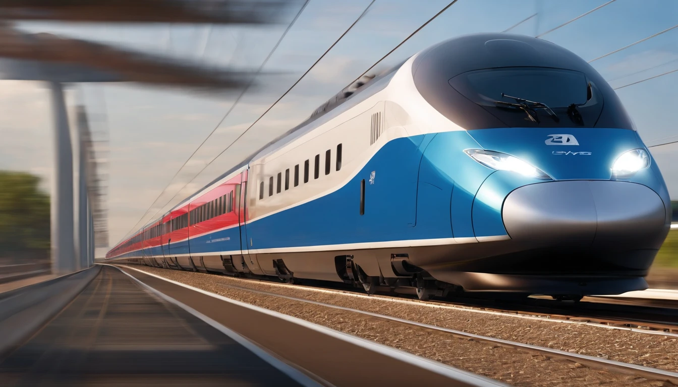 a dynamic shot of a high-speed train zooming past, with a sleek and modern design that represents the future of transportation. The shot should showcase the speed and power of the train