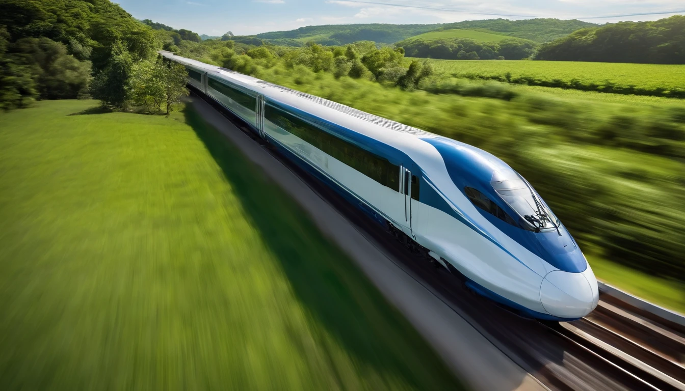 a serene shot of the high-speed train gliding through a scenic countryside, with lush greenery and clear blue skies as the backdrop. The shot should represent the harmonious coexistence of nature and technology in the future