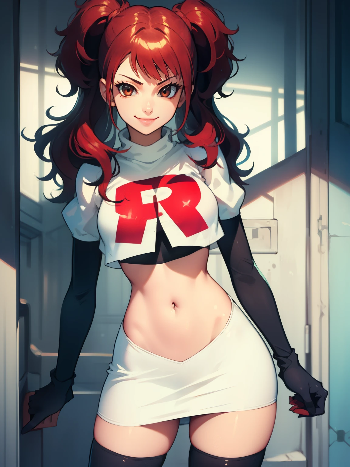 Rise Kujikawa (Persona) ,glossy lips ,team rocket uniform, red letter R, white skirt,white crop top,black thigh-high boots, black elbow gloves, evil smile, looking at viewer, cowboy shot