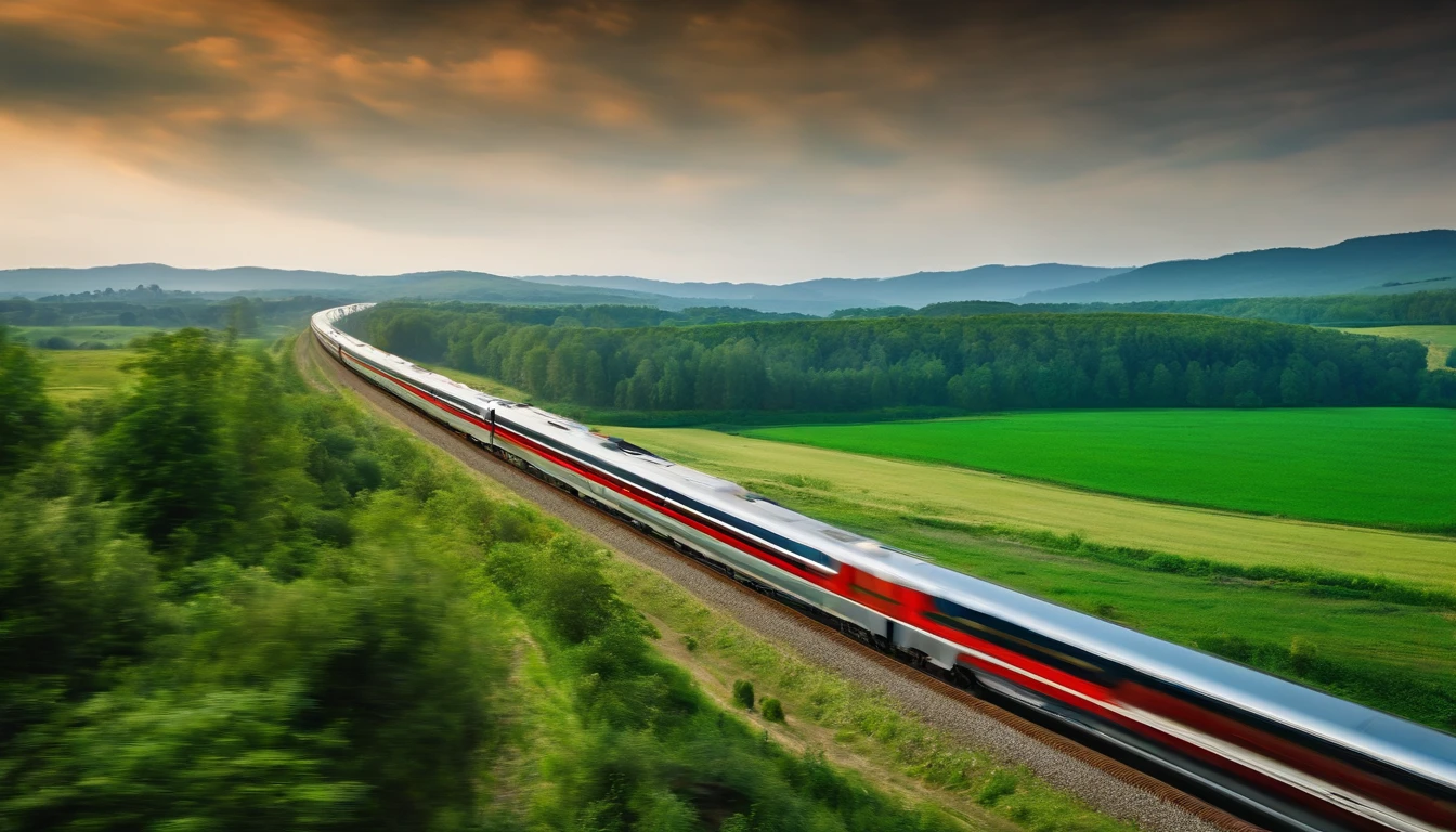 a panoramic shot of the high-speed train cutting through the landscape, with the surrounding environment blurred to emphasize the train’s forward motion. The shot should symbolize progress and innovation