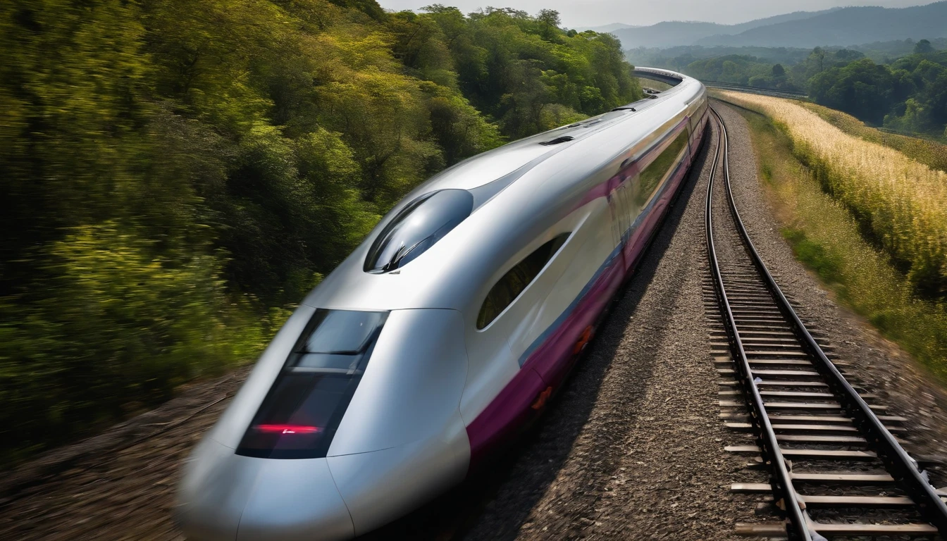 a panoramic shot of the high-speed train cutting through the landscape, with the surrounding environment blurred to emphasize the train’s forward motion. The shot should symbolize progress and innovation